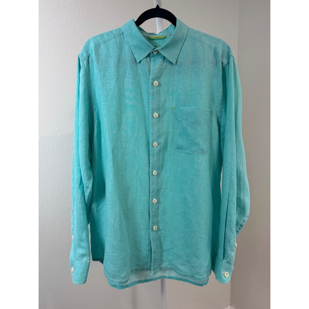 Tommy Bahama Mens Turquoise 100% Linen Long Sleeve Button Up Shirt Size Medium